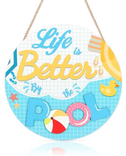 HLNIUC 3D Life is Better by The Pool-Schild, Holz, Sommer-Sommer-Schwimmbäder, zum Aufhängen, rustikale Ente Pool und Lebensretter, Wandschild, Outdoor, Meer, Urlaub, Holzschilder für Haustür, Hof