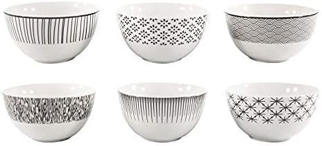6er set Müslischalen Keramik 600ml Salatschälchen Suppenschüssel Schüssel für Obst-Salat, Müsli & Suppe Snack-Schälchen Müsli, Nüsse, EIS, Chips und andere Servierschalenset Schwarz & weiß (Seoul)