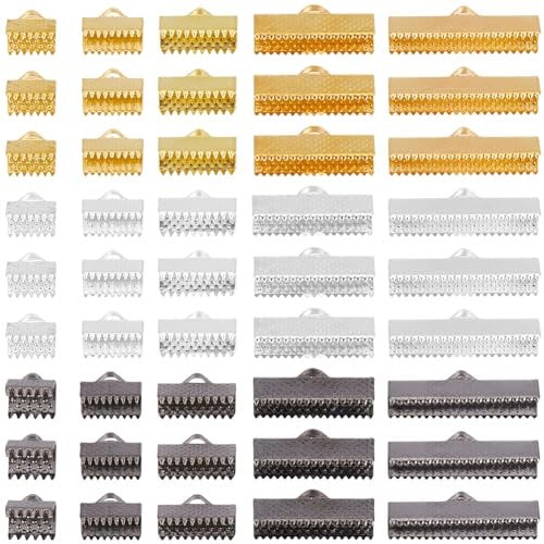 SOFPLATE 1 Box 150Pcs Gold Ribbon End Clamps Bracelet Metal Crimp Ends Iron Pinch Colorful Leather Bookmark Fastener Clasp Cords Findings for Jewellery Making Choker Bracelets Anklets Supplies Craft