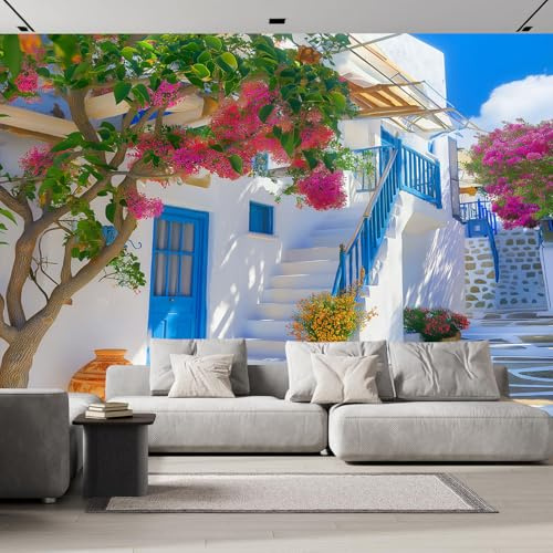 DLERFLOVR Papel Pintado Casa Blanca - 400x280cm Fotomurales de Seda Pueblo Griego, XXL Decoración De Pared para Sala Cuarto, Oficina, Salón