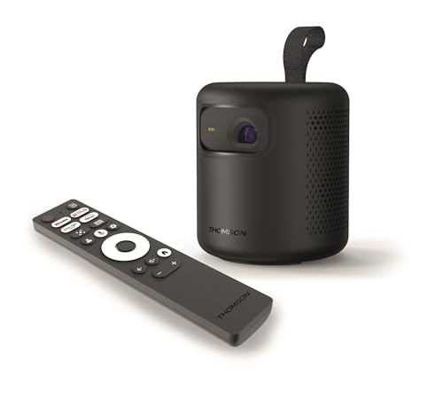 Thomson Vega PG35B Proiettore LED Smart Portatile, Full HD 1080p, Google TV, 350 ANSI, Auto Focus, Correzione Trapezoidale, HDR10, Dolby Digital+, WiFi, Bluetooth, Batteria, Custodia Rigida Inclusa