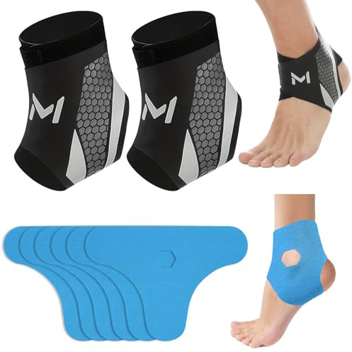 Rbleote Sprunggelenkbandage, 2 Stück Bandage Sprunggelenk mit 6 Stück Precut Kinesiotapes,Unisex Knöchel-Bandage für Sprunggelenk- Sport- Fußball -Knöchel Gegen Umknicken (Schwarz)