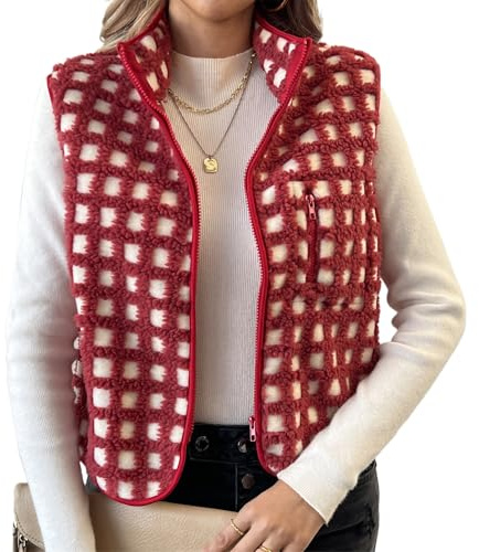 Caziffer Gilet Femme sans Manche en Polaire Gilet Femme Chaud à Carreaux Manteau sans Manche Épais Décontracté avec Fermeture Éclair pour Femmes Hiver