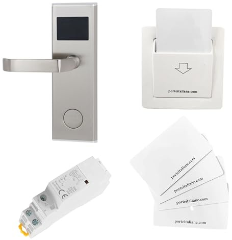 PORTE ITALIANE, Kit Poignée électronique, Lecteur RFID, Serrure Anti-panique, Contrôle d'Accès Chambres d'Hôtel et Maisons de Vacances, Poche Energy Saver, 4 Cartes RFID, Pousser à Gauche