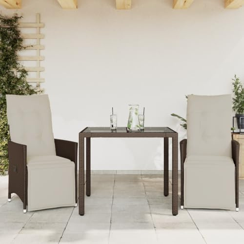 Holamys 3-TLG. Garten-Bistro-Set mit Kissen, Braun Poly Rattan, Verstellbare Relaxsessel, Hartglas-Tischplatte, UV-beständig, für Balkon, Terrasse, Outdoor-Möbel