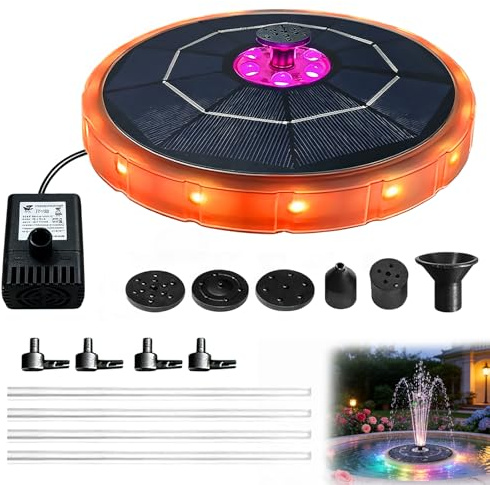 Solarbrunnen für Draussen 3.8W, Solar Springbrunnen für Außen mit 5 Sprühmodi & LED Licht, Solarbrunnen Garten mit Filter, Solar Springbrunnen für Vogelbad, Teich & Außenbereich