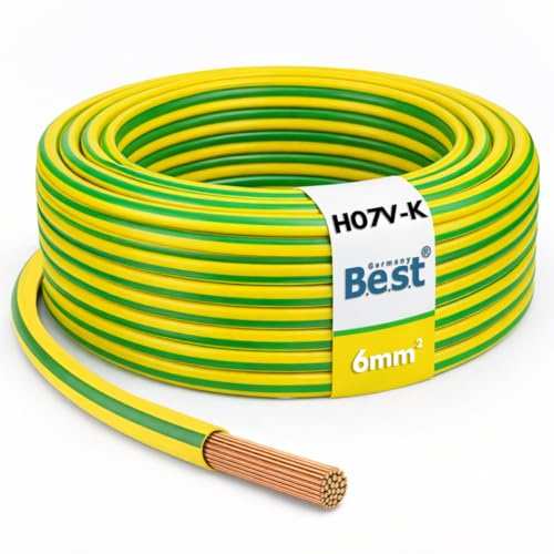 Câble de mise à la terre 50m 6mm² vert-jaune flexible – PVC conducteur H07V-K pour installations PV, câble de câblage, câble d’installation, cuivre finement toronné, conducteur de protection NYAF