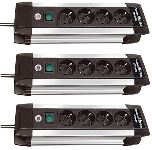 3er Sparpack Brennenstuhl Premium-Alu-Line Steckdosenleiste mit Schalter 1391000014 (4-Fach, 3er Set | Silber/Schwarz)