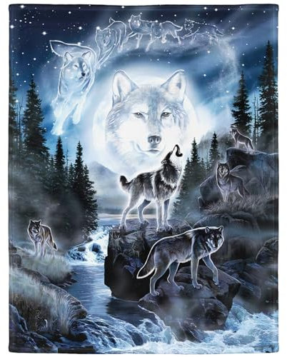 YISUMEI Decke 150x200 cm Kuscheldecken Sanft Flanell Weich Fleecedecke Bettüberwurf Mond Wolf