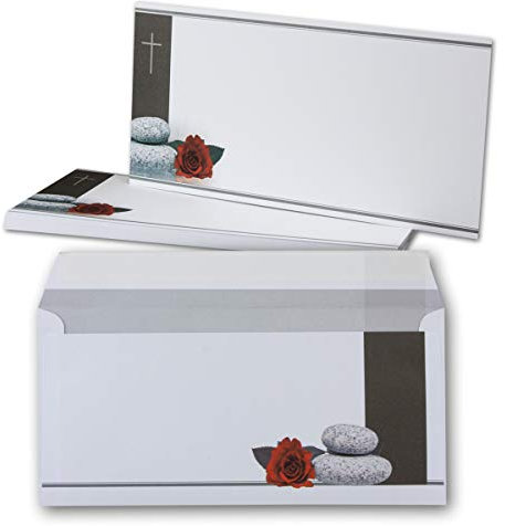 25x Trauerkarten Set mit Umschlag DIN LANG - Motiv Rose, Steine & Trauerkreuz - Danksagungskarten Trauer Ohne Fenster - würdevolle Beileidskarte