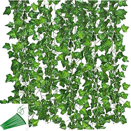 KUPOO Guirnalda de Hiedra Artificial de 12 hebras (Total de 80 pies), Hojas de Hiedra Artificial para Colgar en Bodas, Fiestas, jardín, decoración de Pared (Estilo A)