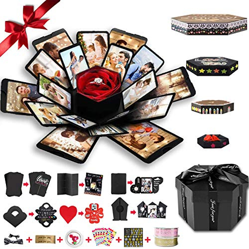 Wanateber Explosionsbox, DIY Explosion Geschenkbox mit 6 Gesichtern, Hauptteil zusammengebaute handgefertigte Fotobox für Geburtstagsgeschenk, Jubiläum, Valentinstag, Hochzeit (Schwarz)