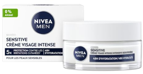 NIVEA MEN Crème hydratation intense Peau Sensible (1 x 50 ml), crème hydratante pour les hommes à la peau sensible et irritée, soin visage homme 0% alcool