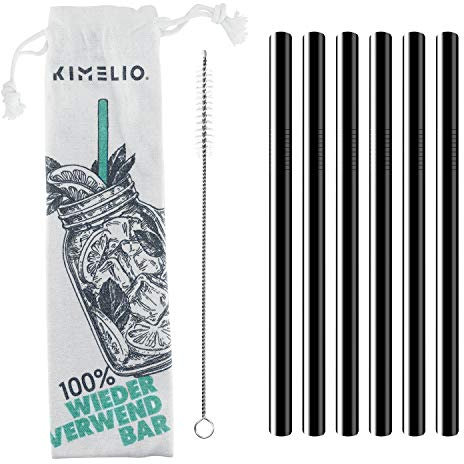 KIMELIO 304 Bubble Tea Strohhalme [6 Dicke Trinkhalme Wiederverwendbar + Reinigungsbürste & Baumwollbag] Strohhalme Edelstahl, Trinkhalme Edelstahl, Umweltfreundlich, BPA frei, Schwarz