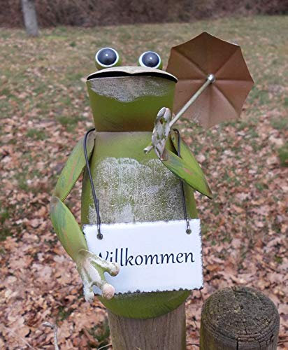 Deko-Impresion Zaunfigur Zaunhocker Frosch mit Schirm u. Schild Willkommen Gartendeko Eisen