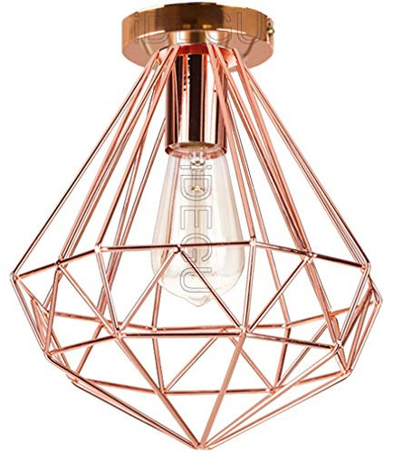 iDEGU Deckenleuchte Retro Ø250 mm E27 Licht Vintage Metall Käfig Hängeleuchte Diamantform Deckenlampe für Schlafzimmer, Café, Bar, Restaurant, Küche - Roségold