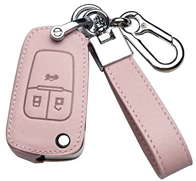 HIBEYO Autoschlüssel Hülle passt für Opel Schutzhülle Schlüsselhülle Rindsleder Cover für Opel Vauxhall Astra Insignia Vectra Corsa Zafira Key Fob Fall Schlüsselbox Klappschlüssel-3tasten Rosa