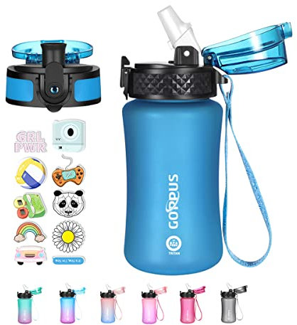 GOPPUS 350ml/12oz Botellas Agua para Niños con Pajita Sin BPA Botella Bebidas a Prueba Fugas para la Escuela Tritan Botella de Agua Deportiva Reutilizable Pequeños con Marcas de Tiempo con 2 Tapas