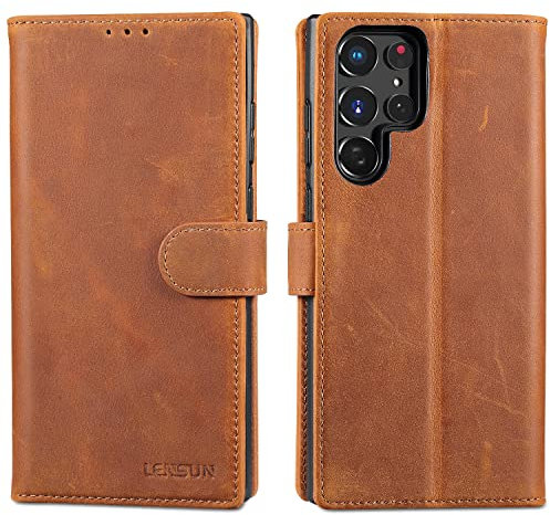 LENSUN Echtleder Hülle für Samsung Galaxy S22 Ultra, Handyhülle [Echt Leder] [Klappbar] [RFID Schutz] Handytasche Lederhülle für Galaxy S22 Ultra 5G - Vintage Braun