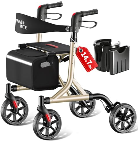 WALK MATE Rollator Faltbar und Leicht mit Sitz für schmale Wohnungen | Rollator Leicht Klappbar für Senioren,20cm Tyres for All Terrain,5 stufige Höhenverstellung,Leichtgewicht nur 6,7 kg