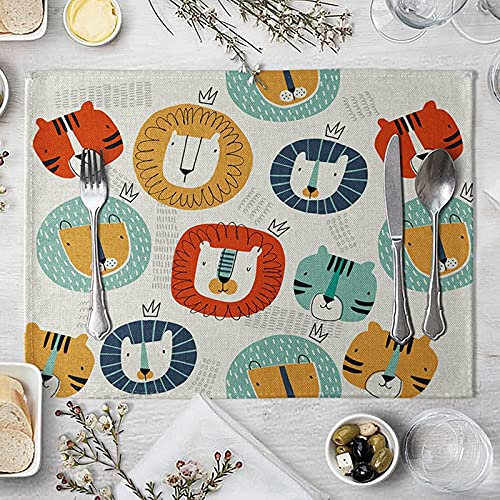 Platzset Vintage, Tischsets Abwaschbar Kinder 4er Set Baumwolle Leinen Tiger und Löwen 40X30cm Grifffeste Platzdeckchen