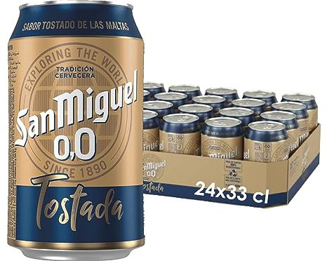San Miguel 0,0 Tostada, Pack 24 Latas x 330ml, Cerveza Sin Alcohol, Sabor Intenso y Tostado, Cerveza Ligera y Refrescante, 0.0% Volumen Alcohol