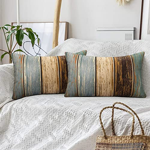 Hanrunsi Kissenbezug Modern, Kissenbezug 30x50 Grün Kissenbezug Holzstreifen Retro Vintage Kissenbezüge aus Rustikalem Holz aus Leinen für Sofa mit Verdecktem Glattem Reißverschluss 2er Set