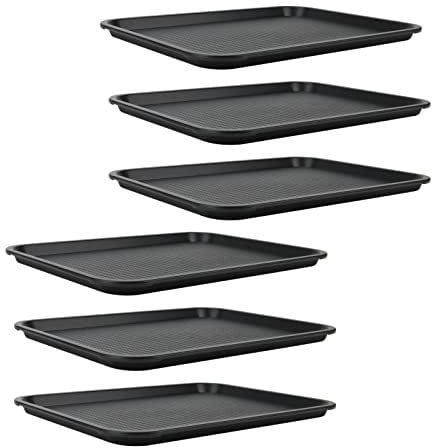 JAPCHET 6 Pack Black Fast Food Tray, 41.5 x 30.5cm Plastic Food Tray, Rectangular Drink Serving Tray for Kitchen, Hotels, Restaurants, Coffee Shops