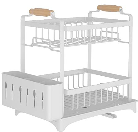 HUOLE Escurridor para Fregadero, Escurreplatos de 2 Niveles con Soporte para Utensilios Extraíble, Portavasos y Estante de Gran Capacidad, 36 * 26 * 37,5cm-Blanco