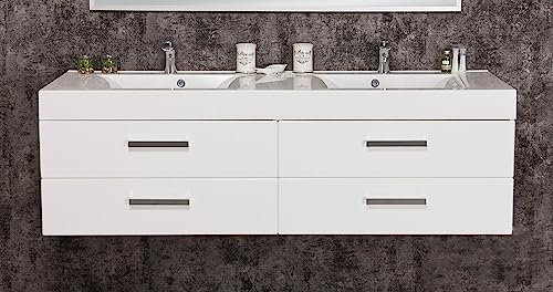 Quentis Badmöbel | Doppelwaschplatz ARUVA, Breite 120/140/ 160 cm, weiß glänzend, 4 Schubladen, Unterschrank montiert (weiß glänzend, Breite 160 x Höhe 52 x Tiefe 50 cm)