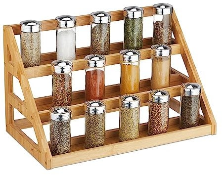 Relaxdays Portaspezie da Appoggio, Organizer Cucina, 3 Gradini per Spezie, 23x25,5x15,5 cm, Spice Rack, Bambù, Naturale