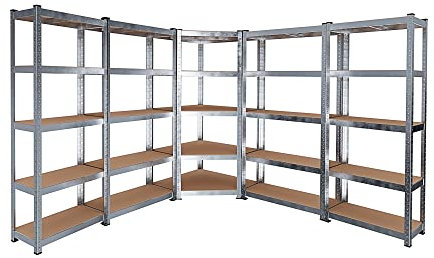 Sistema Di 5 Scaffali Metallo e MDF 25 Ripiani Regolabili 1 Scaffale Angolare 4 Scaffali Per Magazzino Alta Portata 4375 kg Totali Scaffalatura Officina Garage Cantina Capannone Design Modulare
