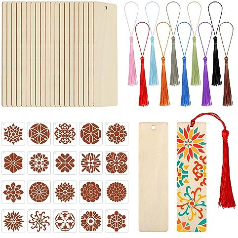 JSRQT 20Stk Blanko Holz Lesezeichen, DIY Blanko Lesezeichen Set mit 20Stk Mandala Schablone und 20Stk Farbige Quasten, Unfertiges Holz Lesezeichen, für Kinder Erwachsene Lesezeichen Heimdekoration