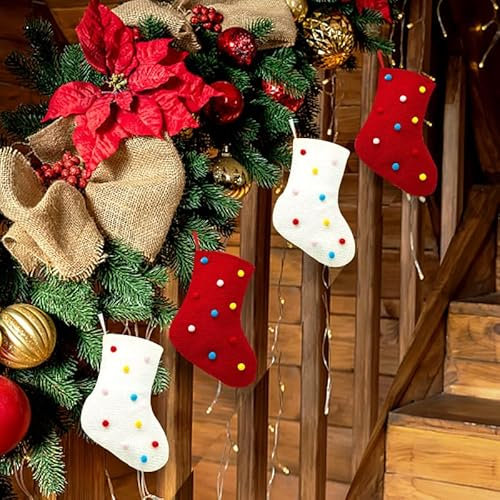 4er Set Weihnachtsstrümpfe Nikolausstiefel Nikolausstrumpf,Personalisierter Hänge Strümpfe Weihnachtssocken Kamin Nikolaus Strumpf zum Befüllen & Aufhängen für Weihnachtsdeko 12*23cm Rot + Weiß