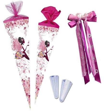 Nestler Schultüten-Set zum Befüllen, Handgemachte Zuckertüte aus Karton - Motiv Blumenfee, Schultüte, Spitzenschutz, Schleife (85 cm 6-eckig)
