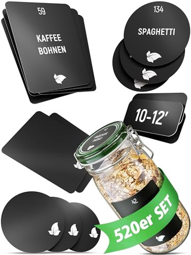 LAEVU Vorratsetiketten selbstklebend | 520 Stück | XXL Stickers Set für Vorratsdosen | Aufkleber Rund Minimalistisch & Wasserfest | Etiketten Küche | Schwarz