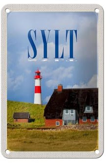 Femer Blechschild Reise 12x18cm Sylt Häuser Dach aus Moos Leuchtturm Schild