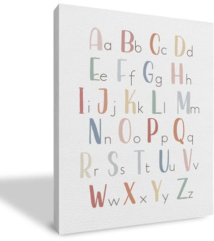 Qvapt Boho-Kinderzimmer-Alphabet, gerahmte Wandkunst, Boho, Regenbogen, Kinderzimmer, neutrales Alphabet, Leinwand-Kunstdruck, Regenbogen-Wanddekoration, Boho-Kinderzimmer-Dekoration (27,9 x 35,6 cm)