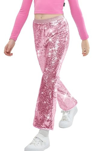 LOLANTA Pantalon évasé à Paillettes pour Filles, Bas de Cloche élastique décontracté à Taille Moyenne, Pantalon rétro Scintillant pour Enfants pour la Danse, Rose, 11-12 Ans, 160