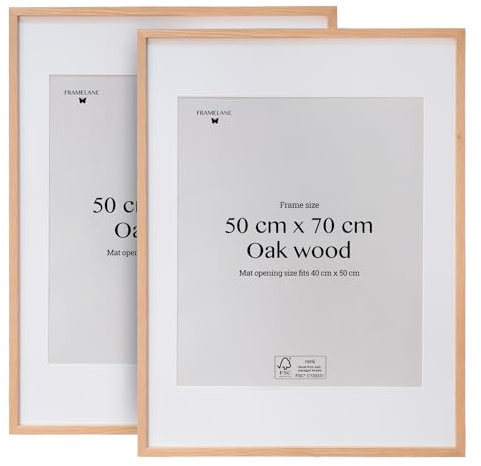 Framelane Set of 2 Bilderrahmen 50x70 Aus FSC-Zertifiziertem Eichenholz - Holzbilderrahmen Mit Passepartout, Kratzfestes & Bruchsicheres Acrylglas, Für Hoch- Oder Querformat, Bilderrahmen Natur