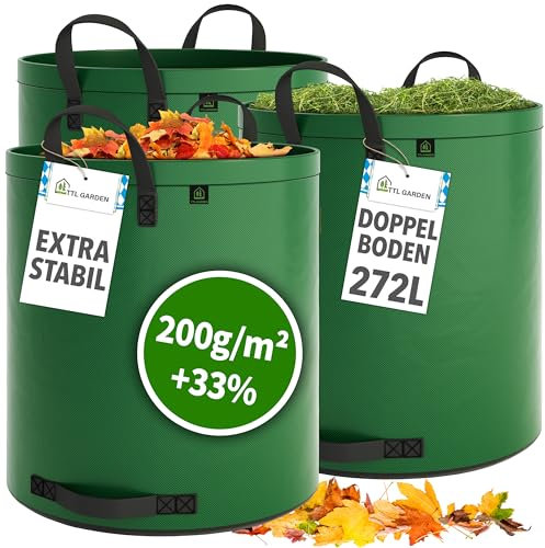 TTL Garden 3x 272L SUPER SOLID Gartensack grün - DOPPELTER BODEN 2x200 gsm extra stabil & reißfest selbststehend 4 Griffe groß robust 3er Set Laubsack Abfallsack für Gras Laub Hecke Gartenabfall