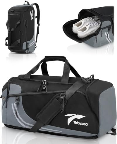 Tolaccea Sporttasche Herren Rucksackfunktion Groß 45L Sportrucksack mit Schuhfach Nassfach, Reisetasche Damen für Fitnessstudio Sauna Fussball Schwimmen Gym(Grau)