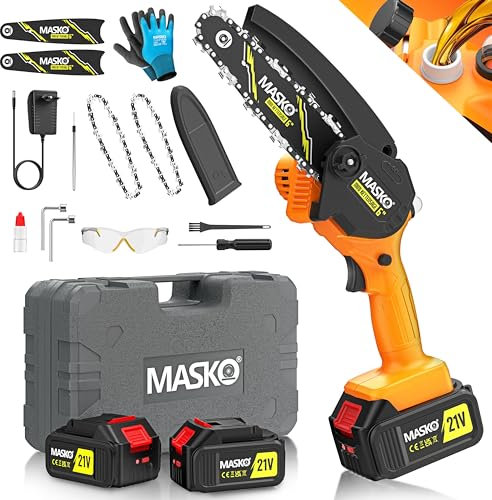 MASKO® Mini Kettensäge 800W, 6 Zoll, 8000mAh Akku | Elektrische Motorsäge mit Automatischem Ölsystem | Handkettensäge für Astschnitte & Holzarbeiten | Inkl. Koffer, 2x 4000mAh Akkus & 2x Ersatzketten