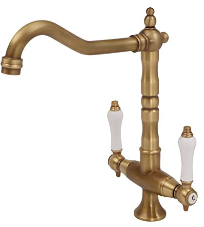 Antiker Küchenhahn 360° drehbarer Spültischhahn Zweigriff-Mischbatterie Nostalgie-Mischbatterie Hochdruck-Küchenspültischhahn Goldfarben Messing|Inklusive Heiß- und Kaltwasserschläuche