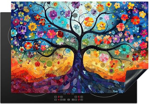 KitchenYeah© Herdabdeckplatte Einteilig Küche Herdabdeckung Induktionsfeld | 78x52 cm - Ceranfeld Herdabdeckplatten Vinyl Matte Aufrollbar Baum des Lebens - Farben - Baum