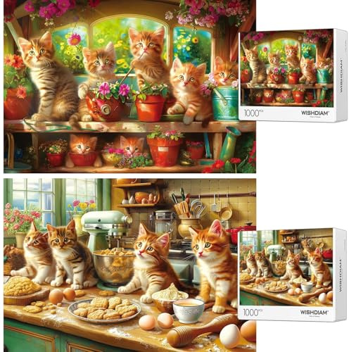 Puzzles 2 Pack 1000 Teile - WISHDIAM Puzzles für Erwachsene - Katzen Lustiges Kätzchen in Küche & Garten Unmöglich Schwierige Herausfordernde Puzzles für Wohnkultur Geburtstagsfeier Geschenke