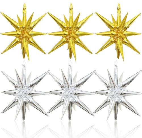 HILAVO Stern Folienballons, 6 Stück 22 Zoll Groß Gold Silber Stern Ballons Explodieren Stern Foil Luftballons für Geburtstag Graduierung Silvester Neujahr Party Deko