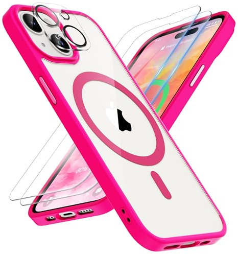 ORETECH Magnetica Cover per iPhone 15 Custodia iPhone 15 con 2 Pezzi Pellicola Protettiva in Vetro Temperato & 1 Pezzi Pellicola Fotocamera Antiurto Ultra Sottile Hard PC Cover-Rosa Caldo