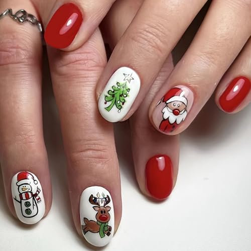 24 Pièces Noël Faux Ongles Court, Rouge Ongles à Coller avec Père Noël et Bonhomme de Neige Imprimer, Couverture Complète Artificiel en Acrylique Press on Nails pour Femmes Filles