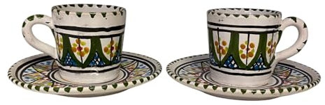 La Maison Unique: Lot de 2 tasses à café en céramique marocaine - ethniques - avec soucoupe - détails - cadeau original - vert